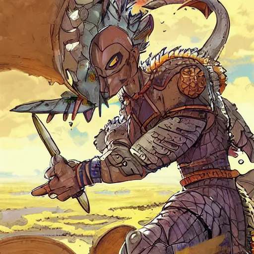 Image similar to a paladin warrior in plate mail fending off a hungry baby dragon with a submarine sandwich but relenting and throwing it some pickles, digital art, rossdraws, kim jung gi, moebius, artgerm