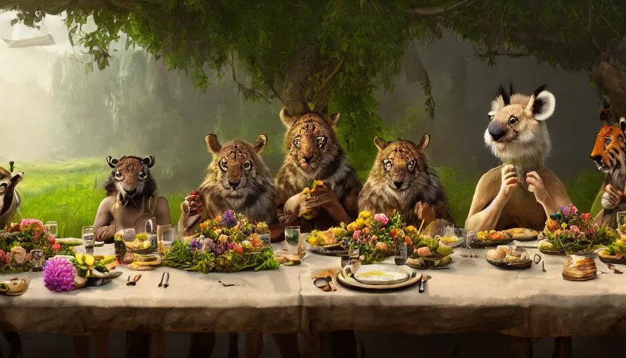 Image similar to a table dinner of exotic animals where animals are dressed like the characters from the midsommar movie wearing flowers, realistic detailed digital art by maxwell boas jessica rossier christian dimitrov anton fadeev trending on artstation cgsociety rendered in unreal engine 4 k hq