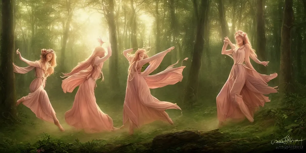 Image similar to masterpiece ephemeral elven girls dancing in the woods at dusk, composition by anastasiya dobrovolskaya, rossdraws, face by artgerm and edmund leighton, majestic, volumetric lighting, porcelain skin, photorealistic, intricate, trending on artstation 8 k