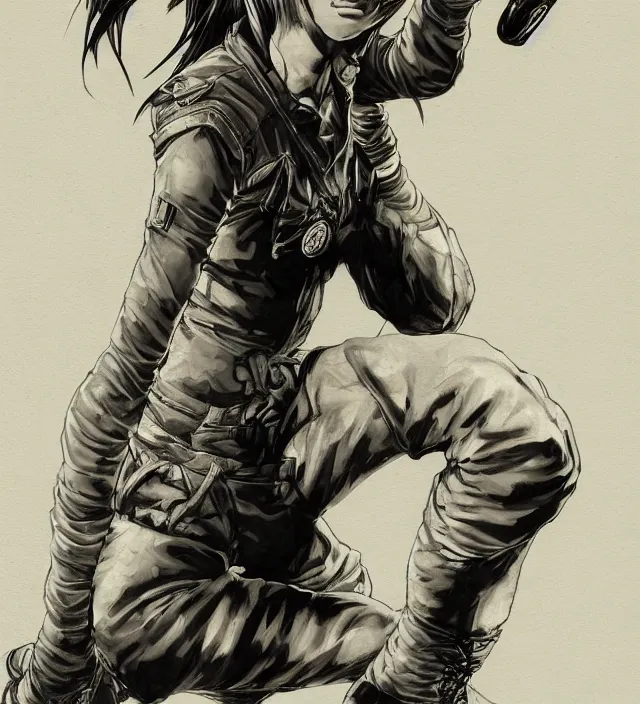 Image similar to full body pose, hd, manga anime portrait of a beautiful woman in combat boots and overalls, in ishikawa ken frank miller jim lee alex ross style detailed trending award winning on flickr artstation,