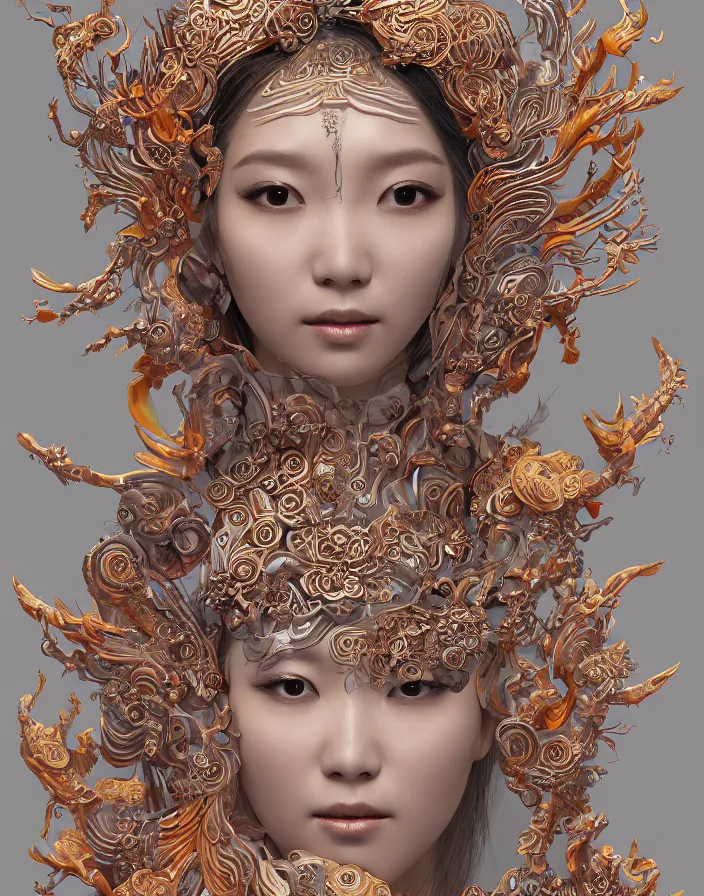 Image similar to 3 d goddess medium shot profile portrait. beautiful intricate highly detailed korean gumiho mask and traditional korean hanbok. stingray, magpie, stingray, magpie, bioluminescent, plasma, lava, ice, water, wind, creature, fog, artwork by tooth wu and wlop and beeple and greg rutkowski, 8 k trending on artstation,