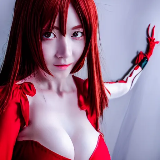 Prompt: very detailed photo of European anime cosplayer girl wearing white and red dress, studio photo, anatomically correct, pretty face, fine-face, smooth, sharp focus, UHD, 8k