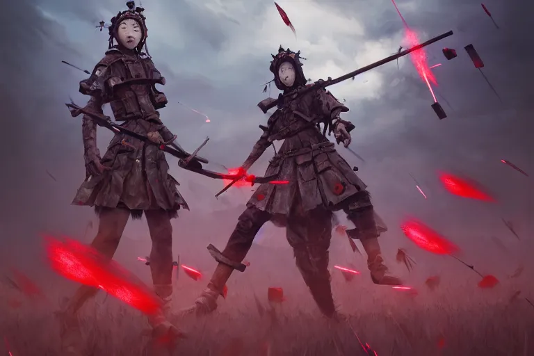 Image similar to surreal battlfield with japanese farmer mages, bloody, highly detailed, photoreal, sharp focus, illustration, beautiful, geometric, dmt trending on artstation, cinematic, artwork by WLOP