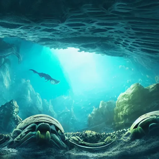 Image similar to vanishing perspective underwater view of the alien landscape underwater on the ocean bed, deep blue ocean color, some plant life, alien fish swimming on the background, cinematic perspective, cinematic lighting, matte painting, detailed, sci - fi, hdr, 4 k, artstation