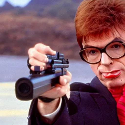 Image similar to austin powers shooting an ak - 4 7, photography, movie,