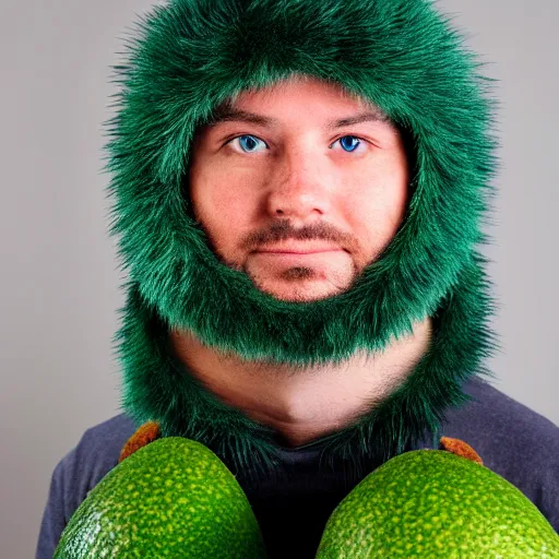 Image similar to a man in a furry avocado costume, portrait photography, close up, sigma 8 5 mm