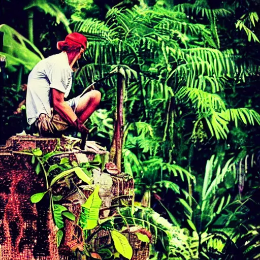 Prompt: “perch-man plays the pots in the deep jungle, graffiti background, detailed, retro Lomo”
