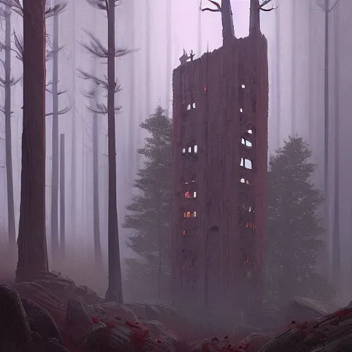 Image similar to Monumental old ruins tower of a dark misty forest, overcast, sci-fi digital painting by Simon Stålenhag