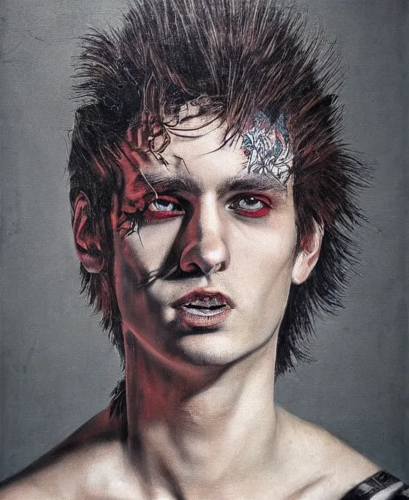 Image similar to portrait of a handsome young punk rocker, art by denys tsiperko and bogdan rezunenko and franz xaver kosler, hyperrealism