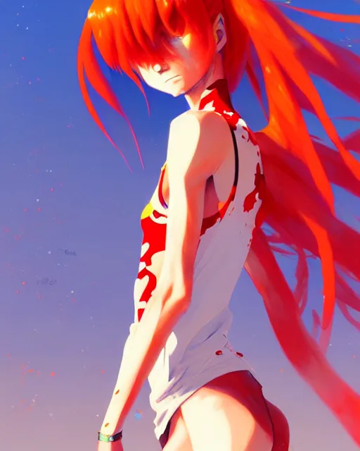 Prompt: a ultradetailed painting of a asuka langley, she is wearing a tank top by conrad roset, greg rutkowski and makoto shinkai trending on artstation