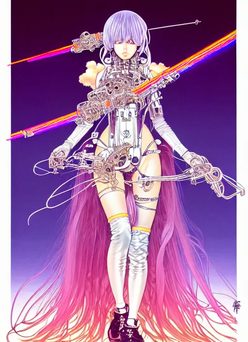 Image similar to highly detailed terada katsuya artstation manga poster of girl mechine, hajime sorayama, artgerm, rainbow gradient bloom, long hair, armor, dress, laces, ruffles, 8 k, maximalist, alphonse mucha