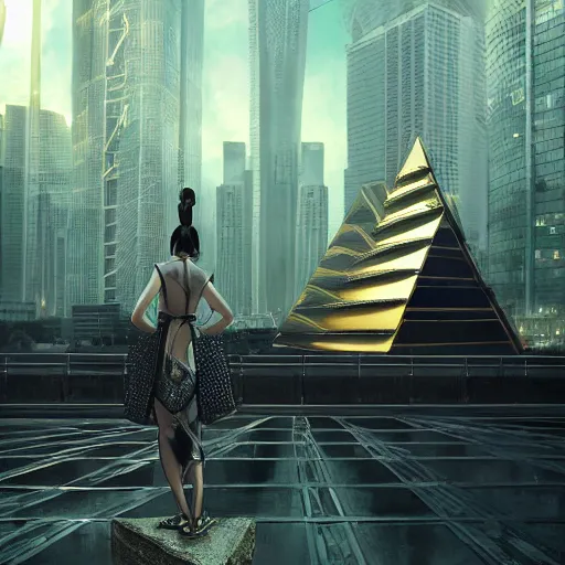 Prompt: mysterious metallic black pyramid in tokyo, reflective, by tom bagshaw and ilya kuvshinov, rtx rendering, octane render 1 2 8 k, maya, extreme high intricate details by wlop, digital anime art by ross tran, medium shot, composition by sana takeda, dramatic lighting by greg rutkowski