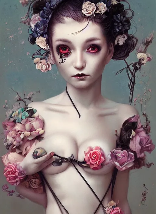 Image similar to pop surrealism, lowbrow art, realistic cute girl painting, body harness, japanese shibari with flowers, hyper realism, muted colours, rococo, natalie shau, tom bagshaw, trevor brown style,