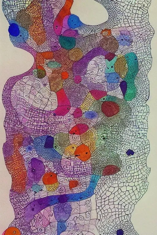 Prompt: a beautiful abstract yet intricate map drawn in pen by Sunil Das, overlayed by abstract watercolor painting by Paul Klee, Georgia O'Keefe, Joan Miro. Trending on Artstation.