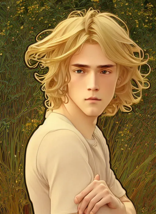 Image similar to pretty young man with shoulder length shiny shimmering golden blond hair, path traced, highly detailed, high quality, digital painting, by studio ghibli and alphonse mucha, leesha hannigan, disney