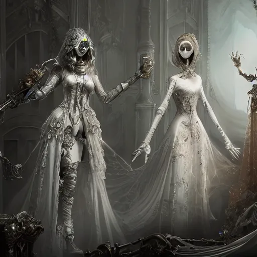 Image similar to female gothic robots with heart organ, dressed in white intricate baroque lace, veils and jewels, epic environment, matte painting, diffused lighting, highly detailed, cinematic, epic atmosphere, digital art, trending on artstation, wide angle