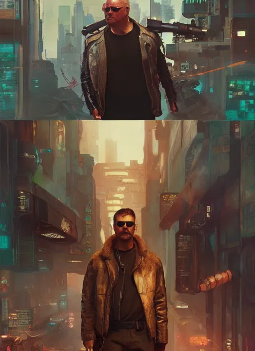 Image similar to Modern Teddy Roosevelt. Cyberpunk bouncer. blade runner 2049 concept painting. Epic painting by James Gurney, and Alphonso Mucha. ArtstationHQ. painting with Vivid color. (rb6s, Cyberpunk 2077)