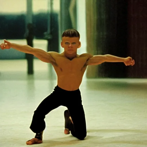 Prompt: photograph of young Jean Claude Vandamme doing the splits, dramatic lighting ,award winning,