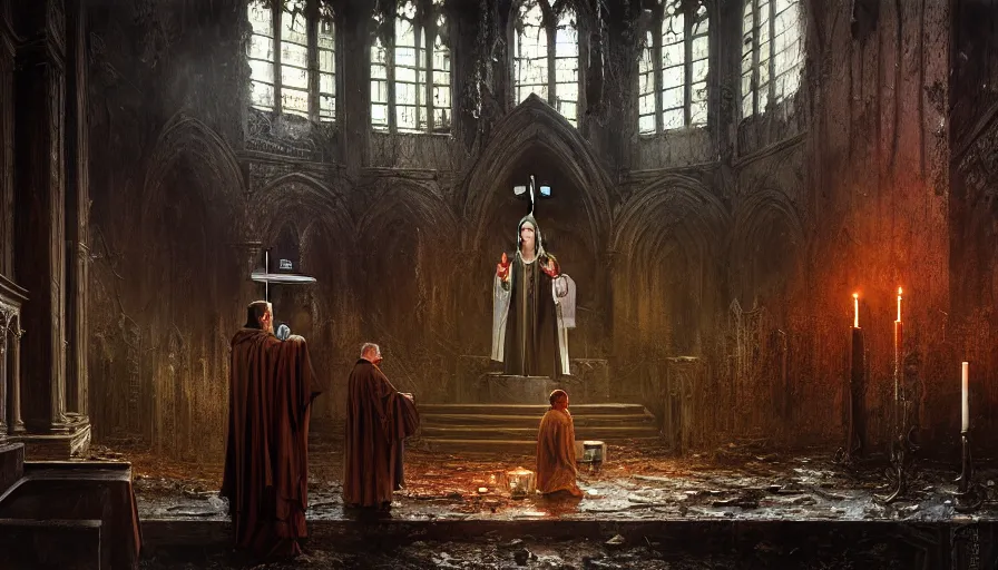 Prompt: dark rotting priest conducts rite of baptism, destroyed church, blood, symbols, religion, death, fear, horror, ultra realistic, hyperrealism,, fine details, detailed and intricate environment, by stephan koldi, by marc simonetti, 4 k