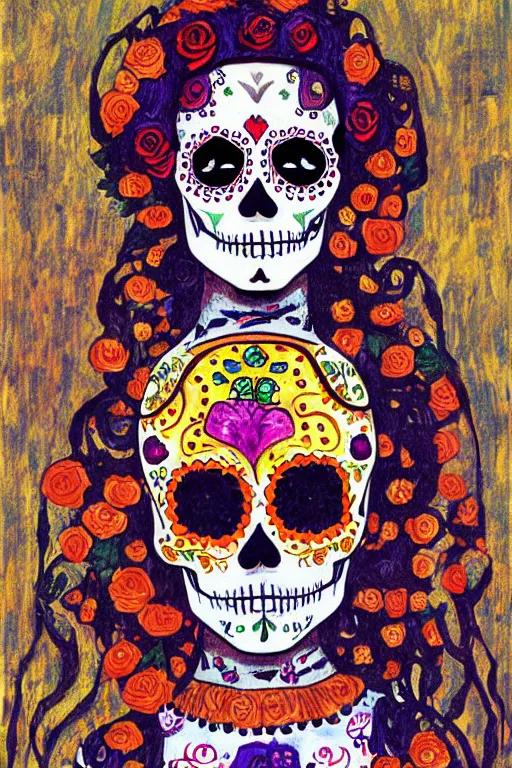 Image similar to illustration of a sugar skull day of the dead girl, art by gustav klimt