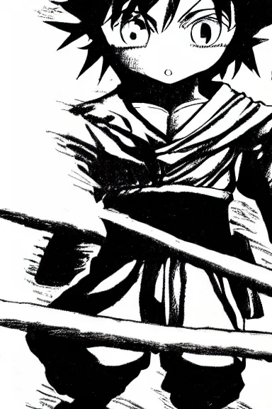 Prompt: attractive little boy wearing an ninja suit, black and white artwork made by kentaro miura and yoshihiro togashi