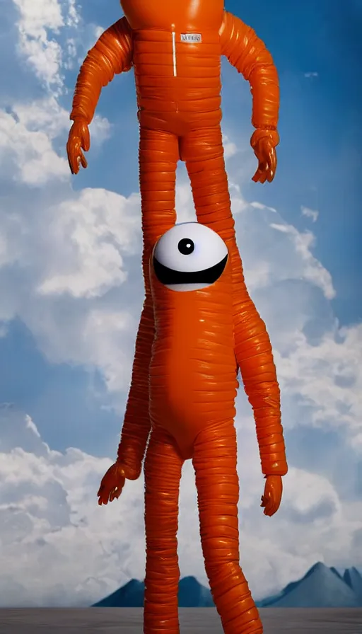 Prompt: a single still slender figurine of a tall giant inflated space man action figure wearing over sized orange puffy bomber jacket, long bendy arms and legs, googly eyes, tareme eyes, small head, personification, dynamic pose, detailed product photo, tone mapped, beautiful composition, 8 5 mm, f 5. 8, soft lighting