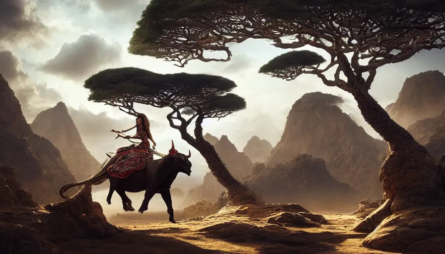 Image similar to a beautiful ornate woman, riding a bull in socotra island with dragon trees, starry night, sharp focus, wide shot, trending on artstation, masterpiece, by greg rutkowski, by ross tran, by fenghua zhong, octane, soft render, ultrarealistic, colorful, cinematic, shadow of the tomb rider