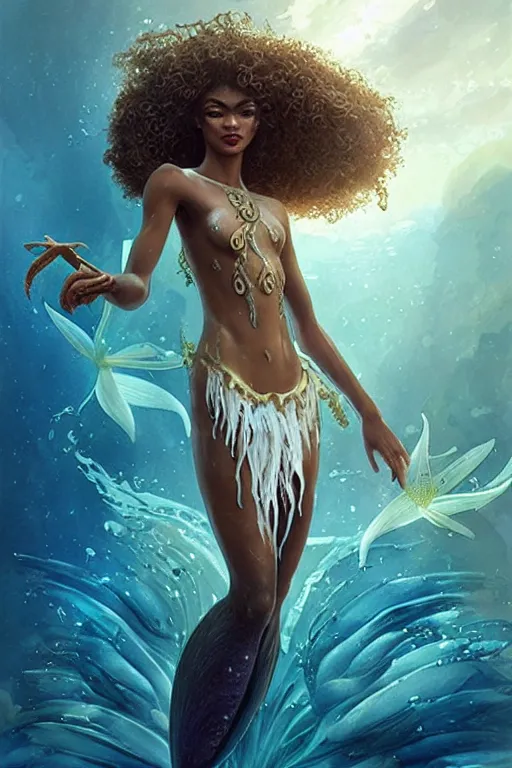 Image similar to zendaya as a dark - skinned la sirene haitian mermaid goddess, underwater, white lilies, shells, ethereal, bloom, highly detailed, sublime, highly detailed, trending on artstation, sharp focus, art by ruan jia and wlop and artgerm and greg rutkowski and magali villeneuve
