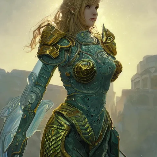 Image similar to portrait knights of Zodiac girl, metalic green and white reflected armor, in ruined Agora of Athens sunrise, ssci-fi, fantasy, intricate, very very beautiful, elegant, golden light, highly detailed, digital painting, artstation, concept art, smooth, sharp focus, illustration, art by tian zi and WLOP and alphonse mucha