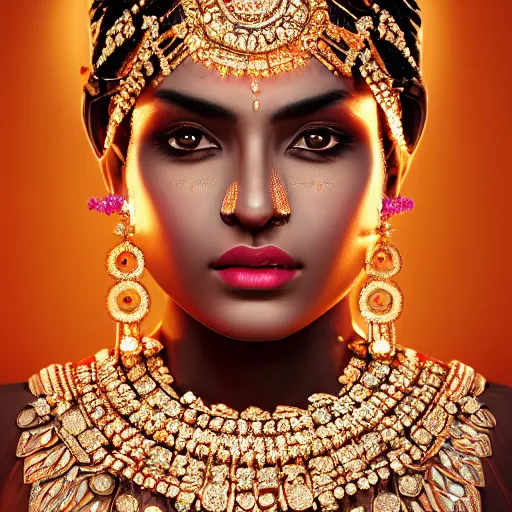 Image similar to portrait of wonderful indian princess of diamond with dark skin, ornate with diamonds, 8 k, gorgeous, intricate, detailed, glowing white accent lighting, dramatic lighting, octane render