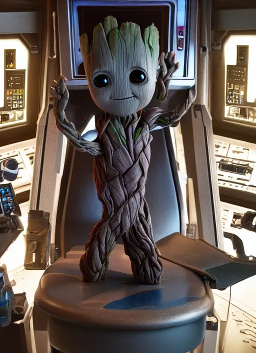 Image similar to baby groot sitting in the captains chair of the uss enterprise, photo realistic, centered in frame