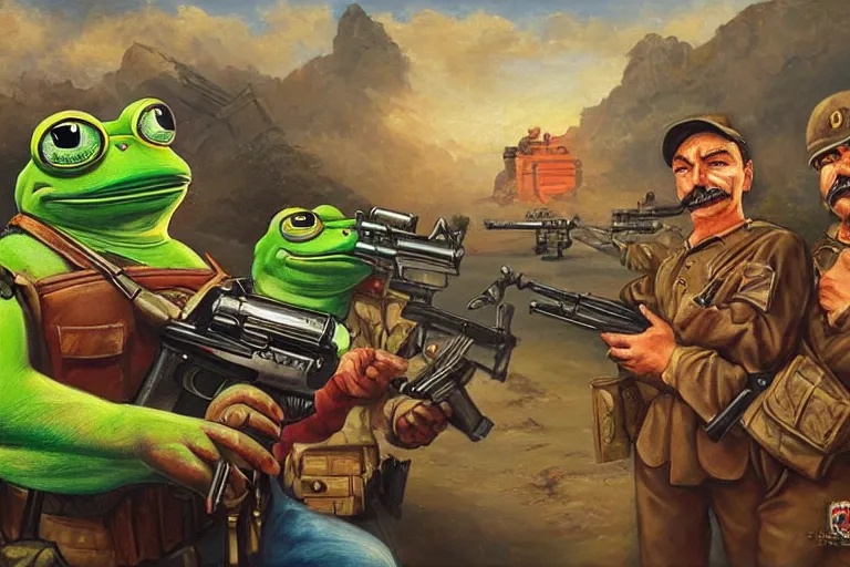 Image similar to portrait of pepe the frog and josef stalin with guns fighting a drug cartel, an oil painting by ross tran and thomas kincade