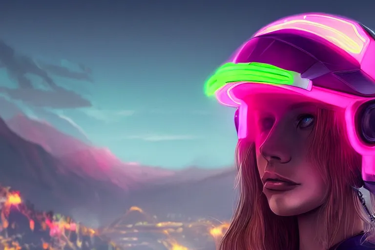 Image similar to a woman wearing a helmet which has neon on it very detailed with a great landscape, artstation unreal