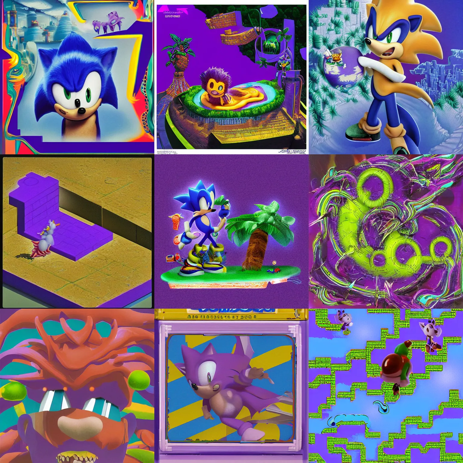 Prompt: dreaming of portrait of sonic hedgehog deconstructivist claymation and a matte painting landscape of a surreal sharp, detailed professional soft pastels high quality airbrush art album cover of a liquid dissolving airbrush portrait art lsd sonic the hedgehog swimming through cyberspace purple portrait checkerboard background 1 9 9 0 s 1 9 9 2 sega genesis video game album cover