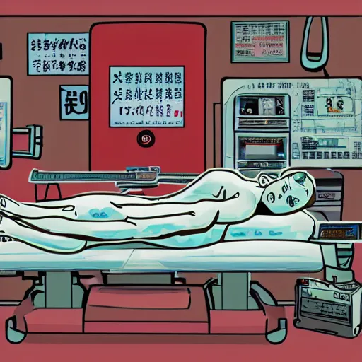 Image similar to chinese surgery operating table, in the style of daniel johnston and simon stålenhag and outsider art, 8k, line brush, overlaid with chinese adverts