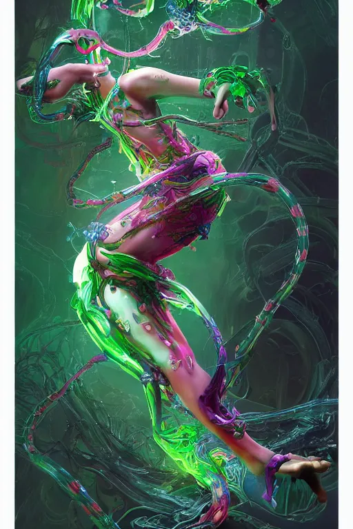 Prompt: epic 3 d osumare, liquid hands and feet spinning, 2 0 mm, with green and pink vines melting smoothly into asymmetrical snakes and rainbows, liquid, delicate, intricate, houdini sidefx, trending on artstation, by jeremy mann and ilya kuvshinov, jamie hewlett and ayami kojima