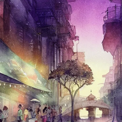 Image similar to Beautiful happy picturesque charming sci-fi city in harmony with nature. Beautiful light. Nice colour scheme, soft warm colour. Beautiful detailed watercolor by Lurid. (2022)