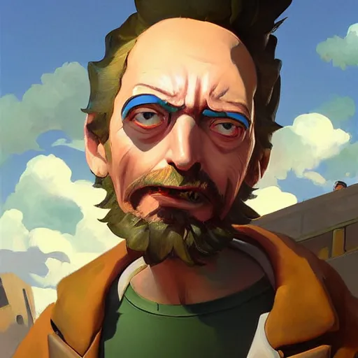 Image similar to greg manchess portrait painting of rick from rick and morty as overwatch character, medium shot, asymmetrical, profile picture, organic painting, sunny day, matte painting, bold shapes, hard edges, street art, trending on artstation, by huang guangjian and gil elvgren and brom