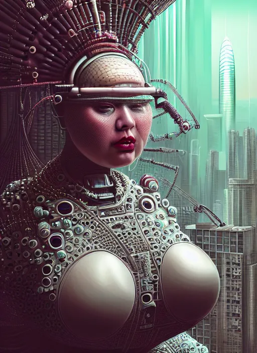 Image similar to portrait of an absurdly ugly, awful disgusting fat gross woman, fashionable cyberpunk mechanoid, hong kong city background, hyperdetailed illustration by irakli nadar and alexandre ferra, intricate linework, white porcelain skin, faberge, coral headdress, unreal engine 5 highly rendered, global illumination, radiant light, detailed and intricate environment