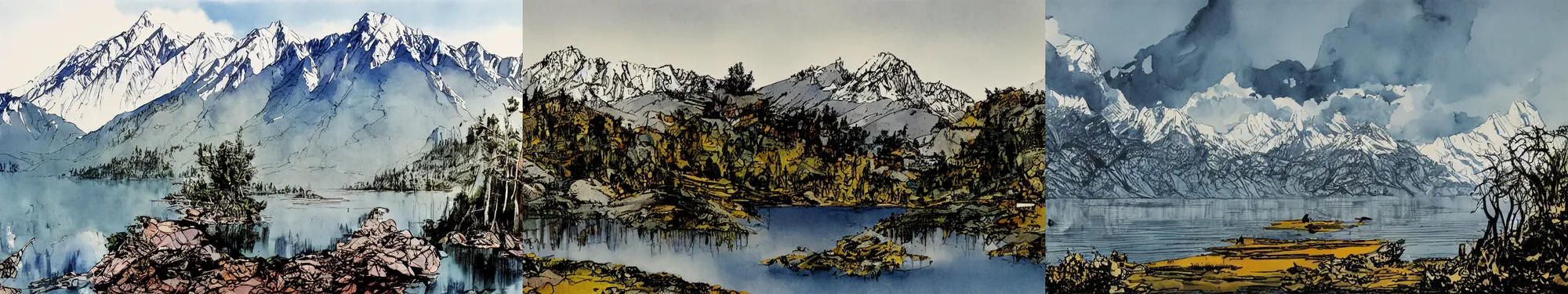 Prompt: lakeside mountains, by ralph steadman