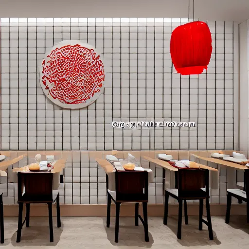 Prompt: a beautiful simple interior render of roasted string hotpot restaurant restaurant yan'an, wall corner, from china, red paper wall and white tile floor, white porcelain table, with merchant logo, fine simple delicate structure, chinese style, simple composition, simple style structure decoration design, victo ngai, 4 k hd