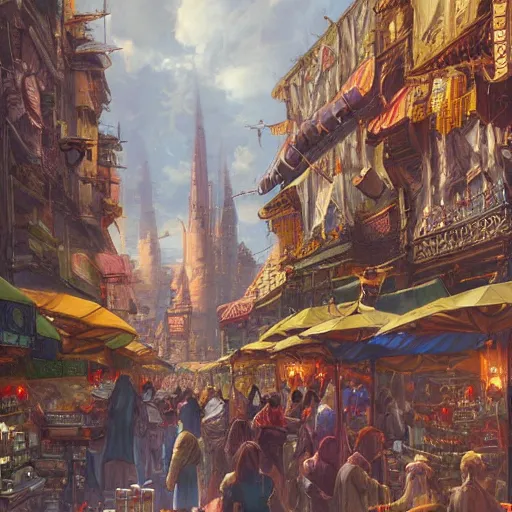 Prompt: a busy fantasy street market from within a beautiful and ornate city, by Sylvain Sarrailh, by Sebastian Luca, by Nicodemus Yang-Mattisson, cinematic, great composition, dungeons and dragons, lord of the rings