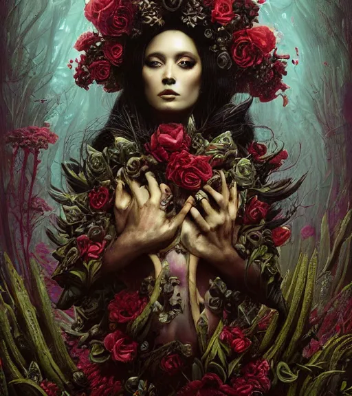 Prompt: portrait of the supreme queen of the blood cult, surrounded by skulls and overgrowth and dark flowers by karol bak, WLOP, James Jean, tom bagshaw, rococo, trending on artstation, cinematic lighting, hyper realism, octane render, 8k, hyper detailed.