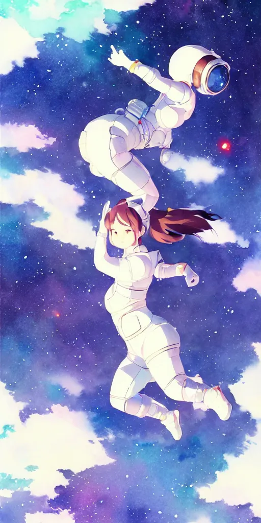 Image similar to oriental water color of a cute thicc astronaut woman, floating through space, backlit, by makoto shinkai and krenz cushart