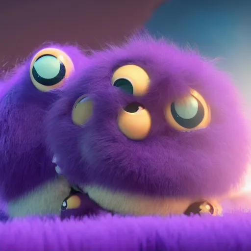 Image similar to a purple fluffy monster, adorable and cute, pixar, octane render, 4k, monster in middle of picture