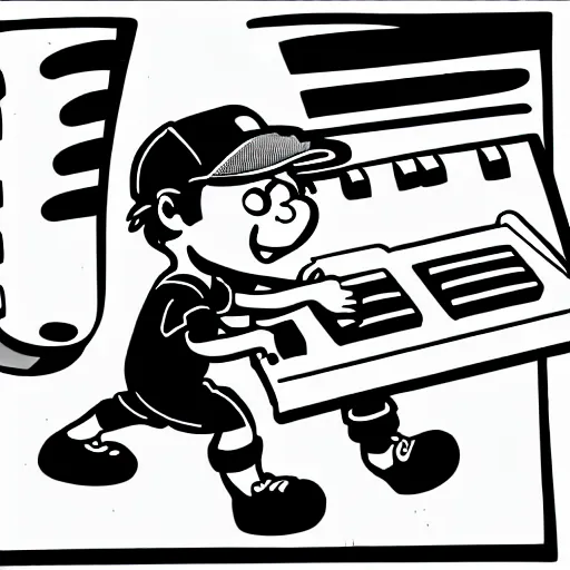 Image similar to cartoon line drawing illustration, in fine detail, of a kid, wearing a backwards baseball cap, playing a Korg MS-20 synthesizer, in the style of The Beano, pen and ink, black and white, long shot, white background, graffiti marker, graffiti character, 90s cartoon