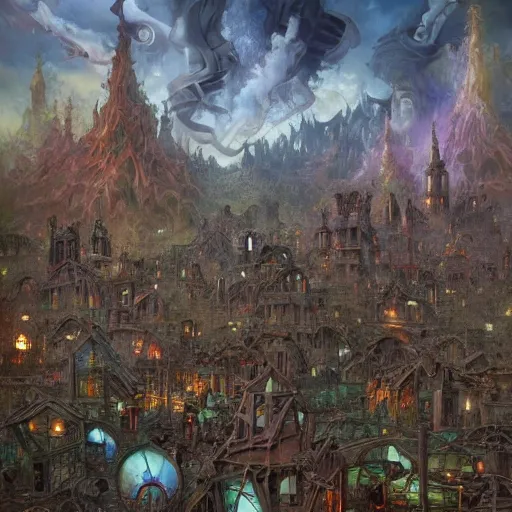 Image similar to an epic hyperdetailed 3 d matte painting of a wiccan shantytown in the victorian village surrounded by colossal biomorphic hallucinogenic demonic eldritch beings by peter mohrbacher by gerald brom by yoji shinkawa by richard michael gorman powers