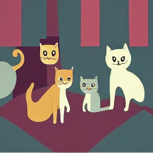 Prompt: cute cats in mid-century illustration style