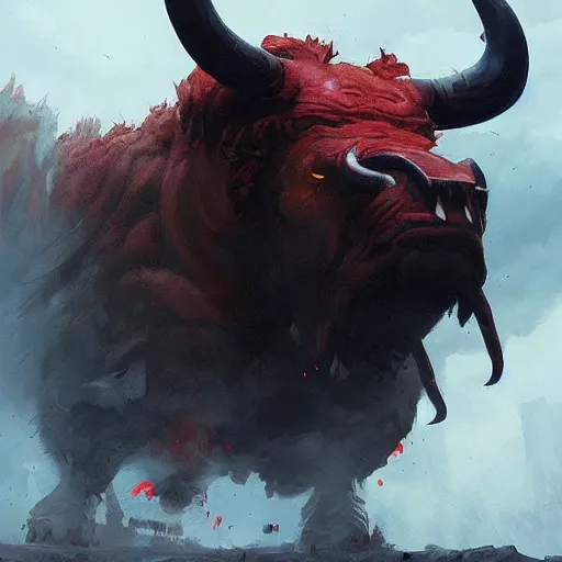 Image similar to giant angry bull with red eyes, steam breath, mysterious, epic concept art, epic painting, artstation, realistic, by greg rutkowski