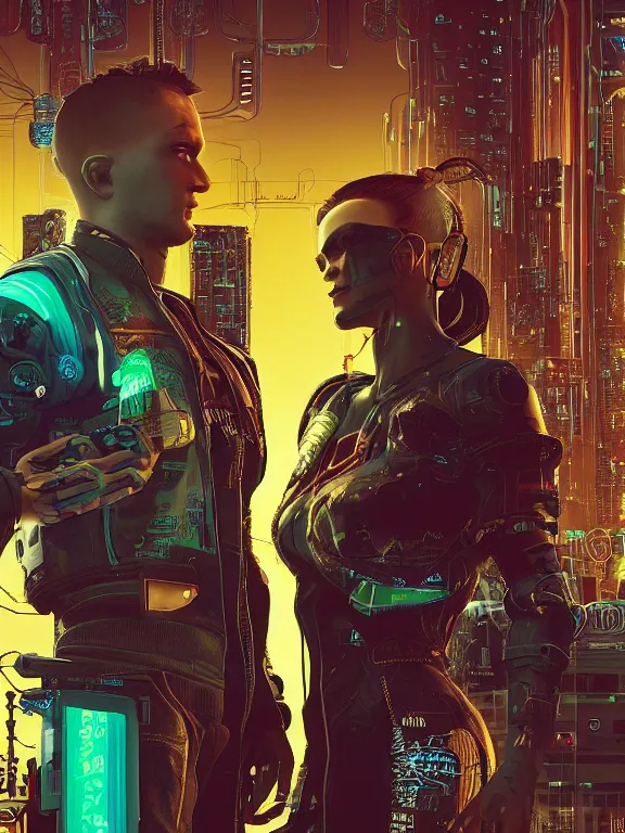 Image similar to a cyberpunk 2077 illustration half body portrait of two female android dancer queen,complex mess of cables and wires behind them connected to giant computer, film lighting, by laurie greasley,Lawrence Alma-Tadema,William Morris,Dan Mumford, trending on atrstation, full of color, mythological, high detailed,golden ratio,symmetrical proportions,cinematic lighting